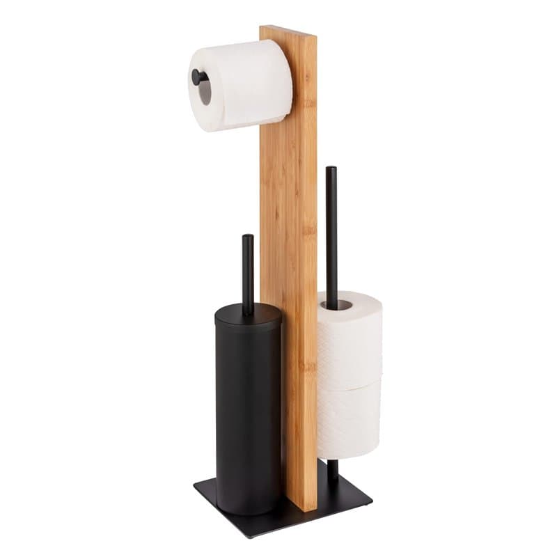 Wenko Stand Lesina en Bambou Et Acier Laqué Noir, Ensemble Combiné, Porte-Rouleau de Papier Toilette Et Rouleau de Rechange, Têt