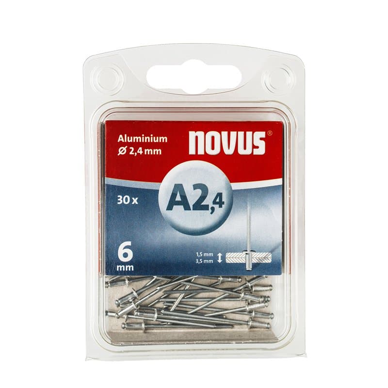 Novus A 2,4 Rivets Aveugles en Aluminium avec 6 mm Longueur, 30 Rivets Aveugles avec 2,4 mm et 1,5–3,5 mm Longueur de Serrage, R