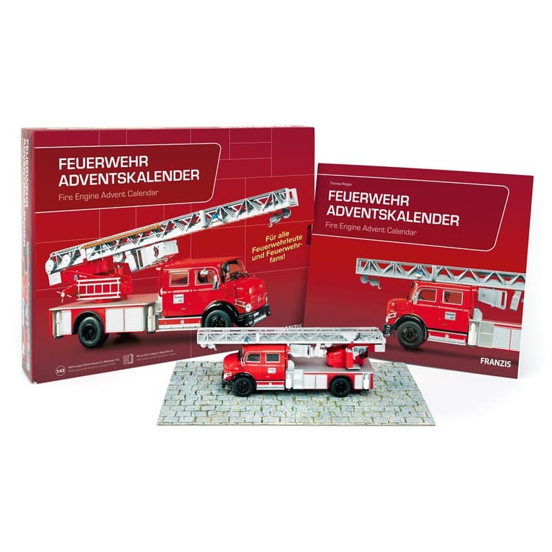FRANZIS 67206 – Calendrier de l'Avent pompiers en métal – Kit de modélisation du Mercedes-Benz L1519 à l'échelle 1:43, avec livr