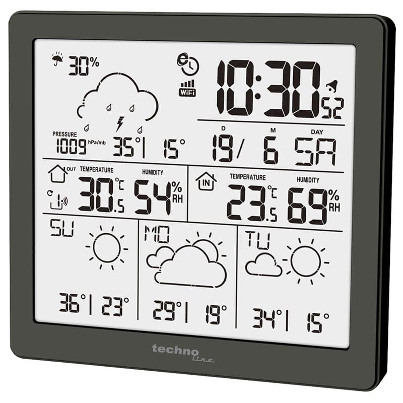 Techno Line WD2200 - Station Météo avec Prévision Météorologique de 3 Jours, Emetteur Extérieur, Données sur la Station et sur l