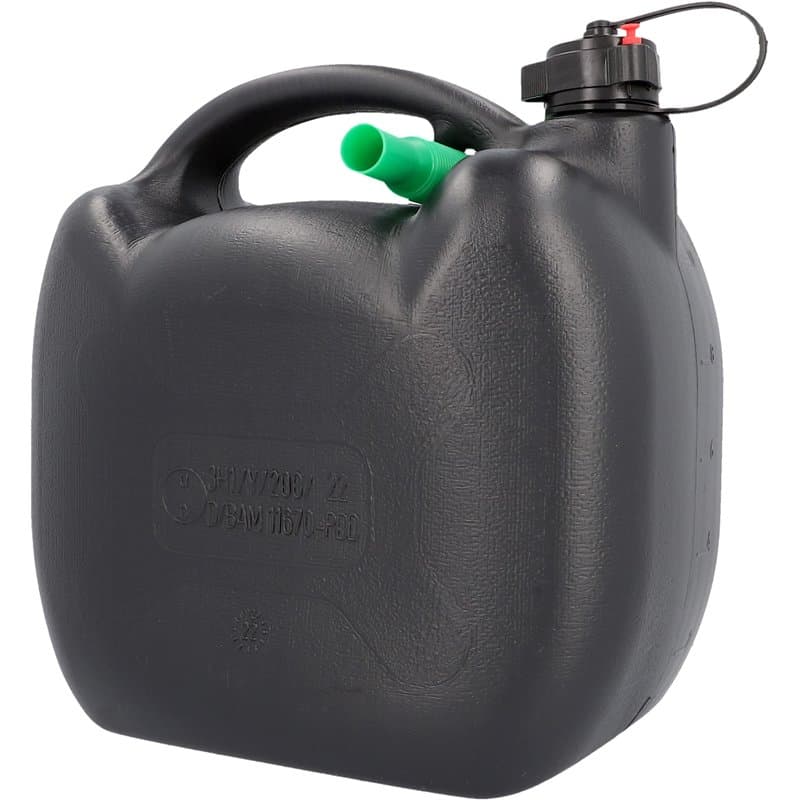Jerrican à essence pour carburant de toutes sortes, avec homologation ONU, avec bec verseur, en plastique, noir, 10 l