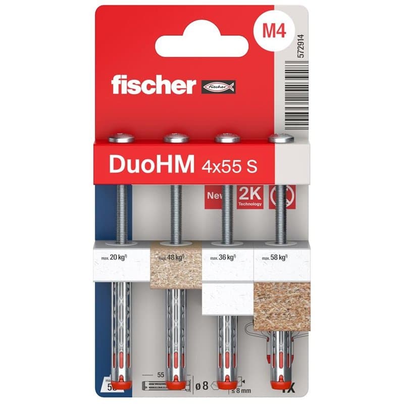 fischer - Cheville Bi-Matière DuoHM 4 x 55 pour Corps Creux, avec Vis à Tête Cylindrique, Empreinte TX - Blister de 4