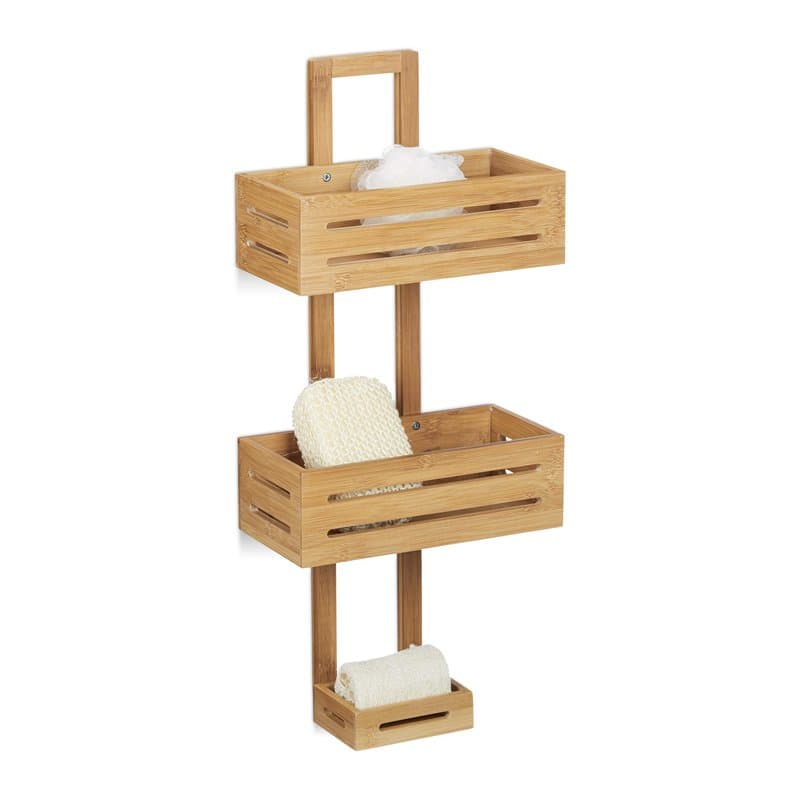 Relaxdays Serviteur de douche en bambou H x l x P: 65 x 28 x 15,5 cm 3 étages compartiments panier corbeille à suspendre étagère