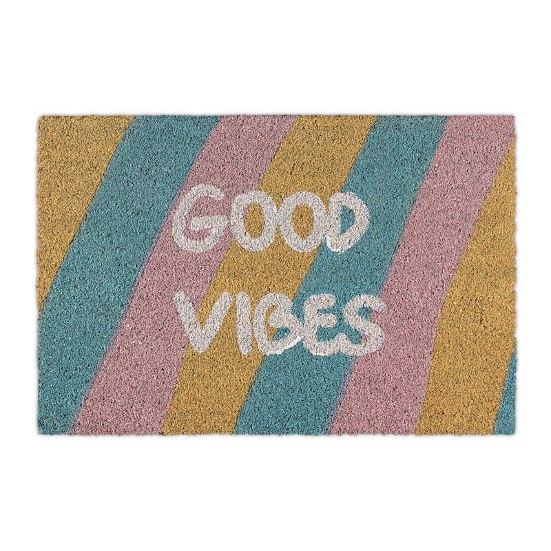Relaxdays Paillasson Coco, Tapis d’entrée «Good Vibes», rayé, antidérapant, intérieur & extérieur, 40 x 60 cm, coloré