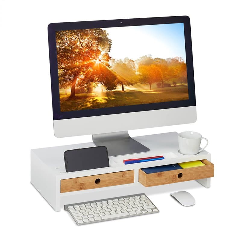 Relaxdays Support d'écran, 2 tiroirs, réhausseur d'écran d'ordinateur, Laptop, HxLxP : 12x56x27 cm, MDF, Bambou, Blanc
