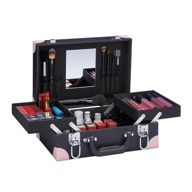 Relaxdays Mallette à Maquillage, pour cosmétiques, Vernis à ongle, Miroir, HxLxP : 12,5 x 31 x 23 cm, Vide, Noir - Rose