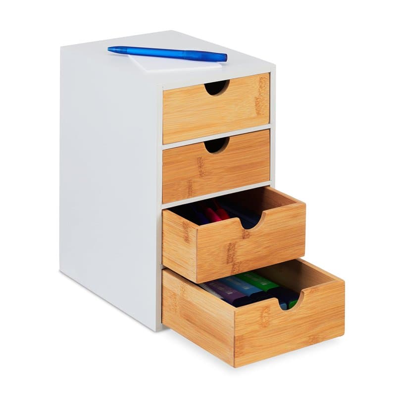 Relaxdays Organiseur à Compartiments, Bambou, 4 tiroirs, HxLxP: 27,5 x 16,5 x 21 cm, Rangement Bureau, Nature - Blanc
