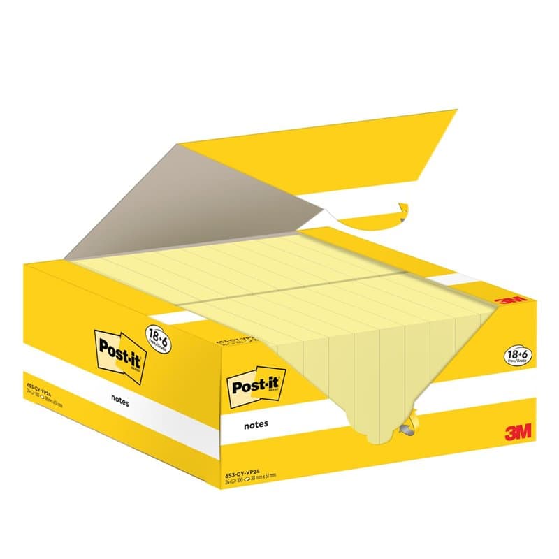 Post-it Notes Autocollantes, Pack Promo de 18 Blocs + 6 GRATUITS, 100 Feuilles par Bloc, 38 mm x 51 mm, Jaune Pastel - Feuillets