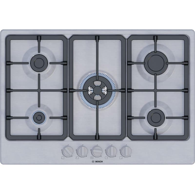 Bosch PGQ7B5K90 Série 4, Cuisinière à gaz, Brûleur WOK: puissance jusqu'à 3.3 kW, grilles en fonte, acier, 75 cm, Inox