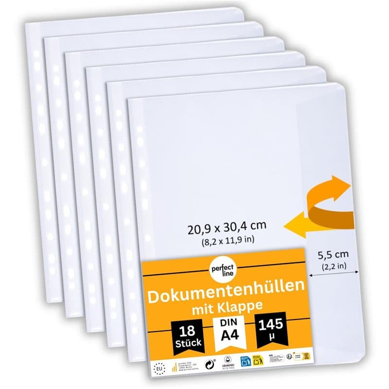 perfect line 18 Pochettes porte-documents avec rabat DIN-A4, pochette plastique transparentes, films transparents solides premiu