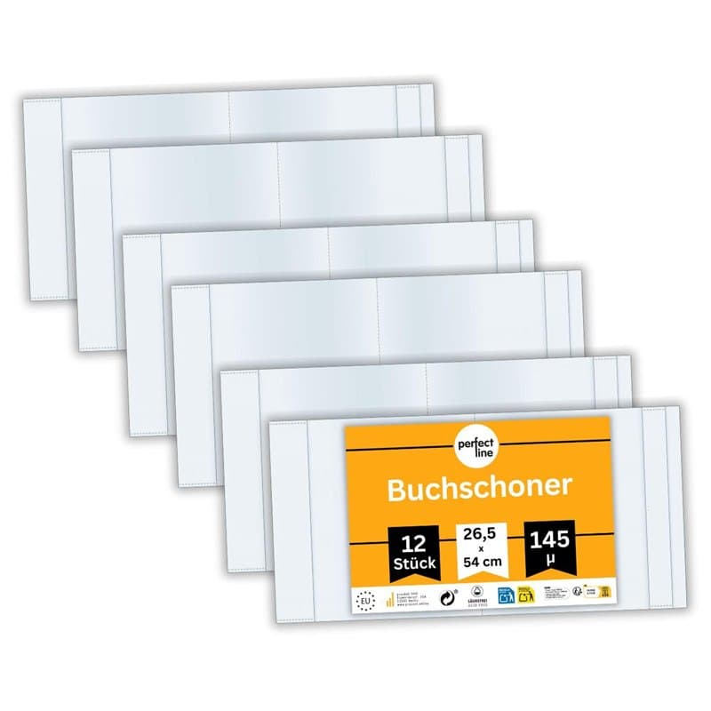 Perfect Line - Protège-livres - 12 pièces - Transparent - Polypropylène - 30,5 cm x 56 cm - Extra solide et stable - Indélébile