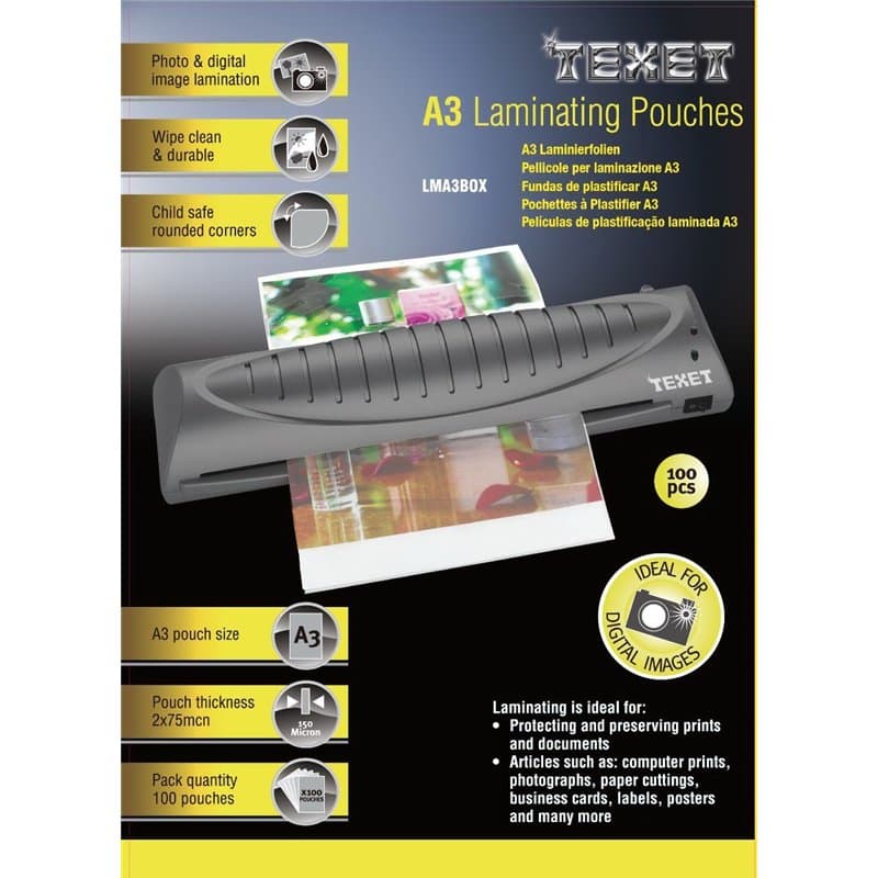 Texet Feuilles de plastification A3 75 microns par face, 150µ total, boîte de 100 78229 Transparent