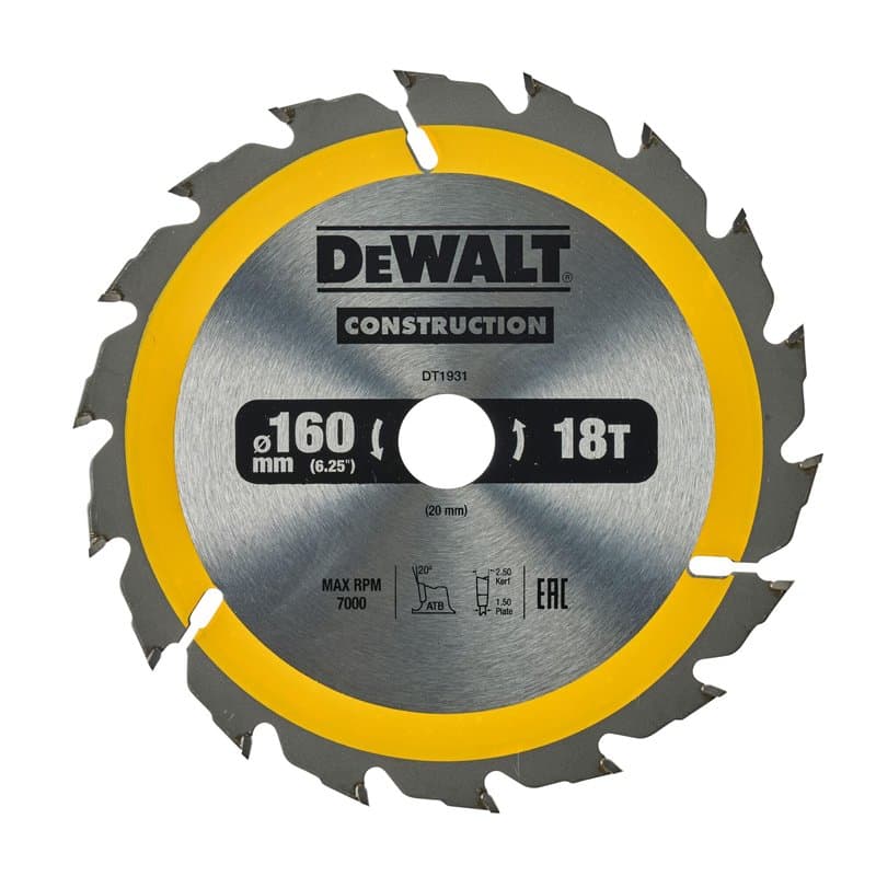 DeWalt DT1931-QZ DT1931-QZ-Hoja Para construcción 160 x 20mm 18T (AC), Argent, 160/20mm