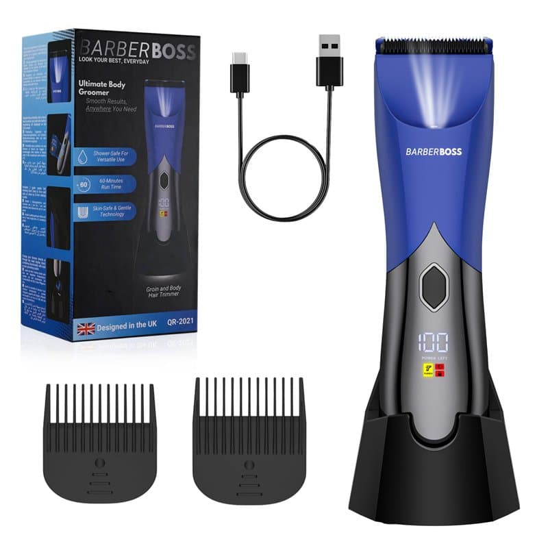 BarberBoss Tondeuse pour le corps intime pour homme – Rechargeable pour l'aine et les poils pubiens, outil de toilettage doux av
