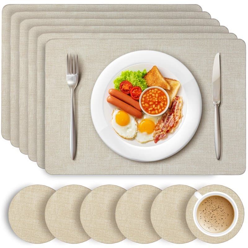 HEFTMAN Lot de 6 grands sets de table et dessous de verre beiges en cuir synthétique pour table, résistants à la chaleur jusqu'à
