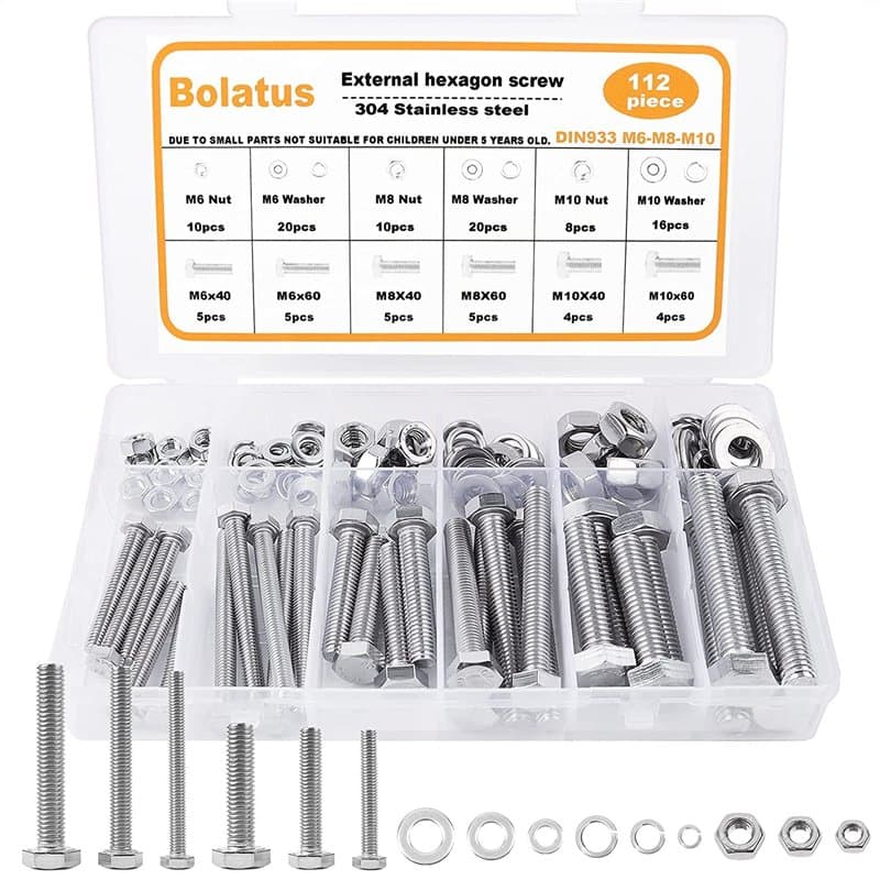 Bolatus Lot de 112 vis à tête hexagonale M6 M8 M10 DIN 933 en acier inoxydable avec écrous, vis filetées et rondelles dans une b