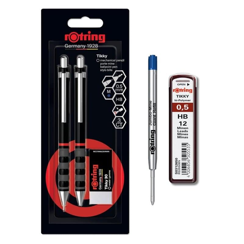 rOtring Tikky Ensemble porte-mine et stylo à bille | mine HB, crayon 0,5 mm | Eraser 30 BL3 | Stylo à pointe moyenne | Corps noi