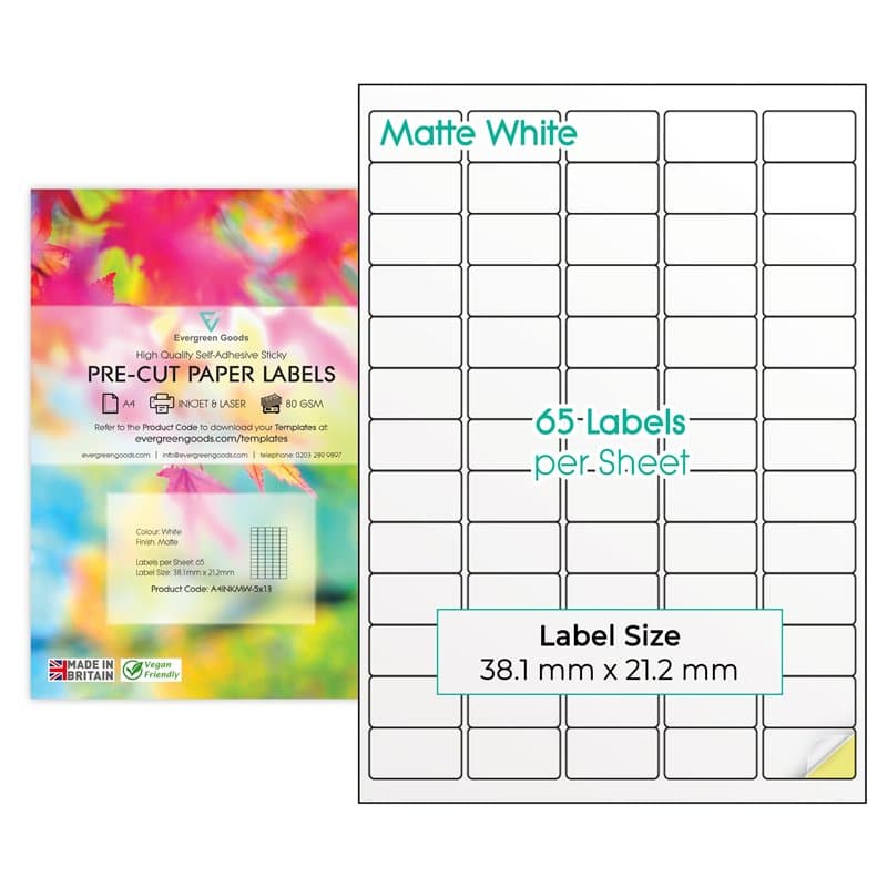 Evergreen Goods Lot de 1 950 étiquettes autocollantes prédécoupées A4 Blanc mat – 5 x 13 mm, 65 par feuille, 30 feuilles | Impre