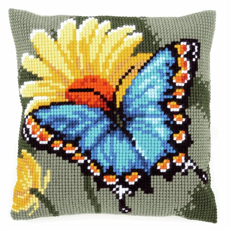 Vervaco Kit de Coussin au Point de Croix, Papillon et Fleur Jaune, 40 x 40 cm or 16 x 16 in