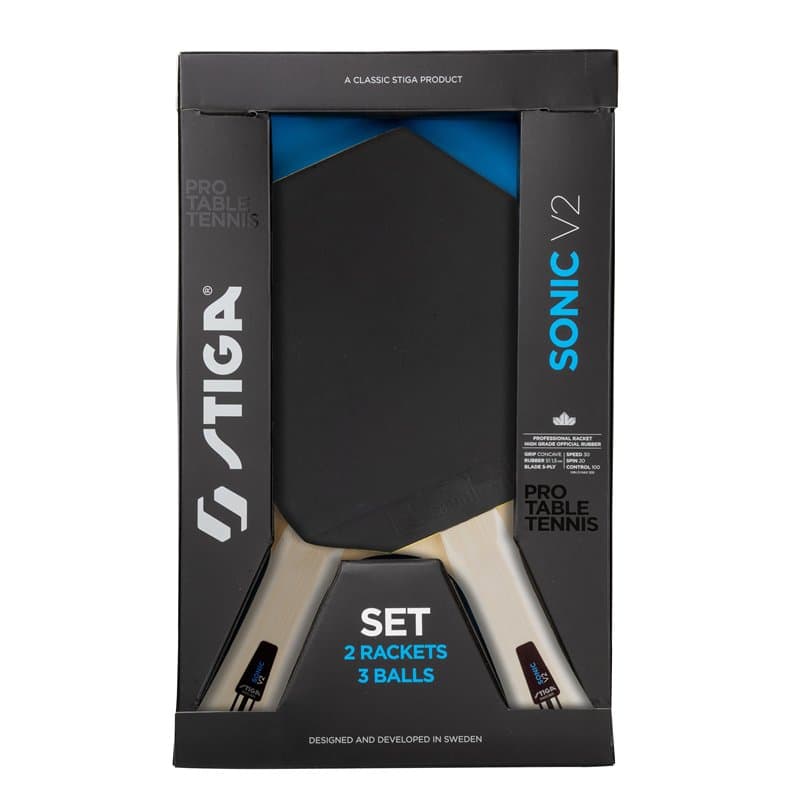 STIGA Sonic V2 Ensemble de Tennis de Table, Constitué de 2 Raquettes et de 3 Balles, Forme Cybershape, Revêtements approuvés par