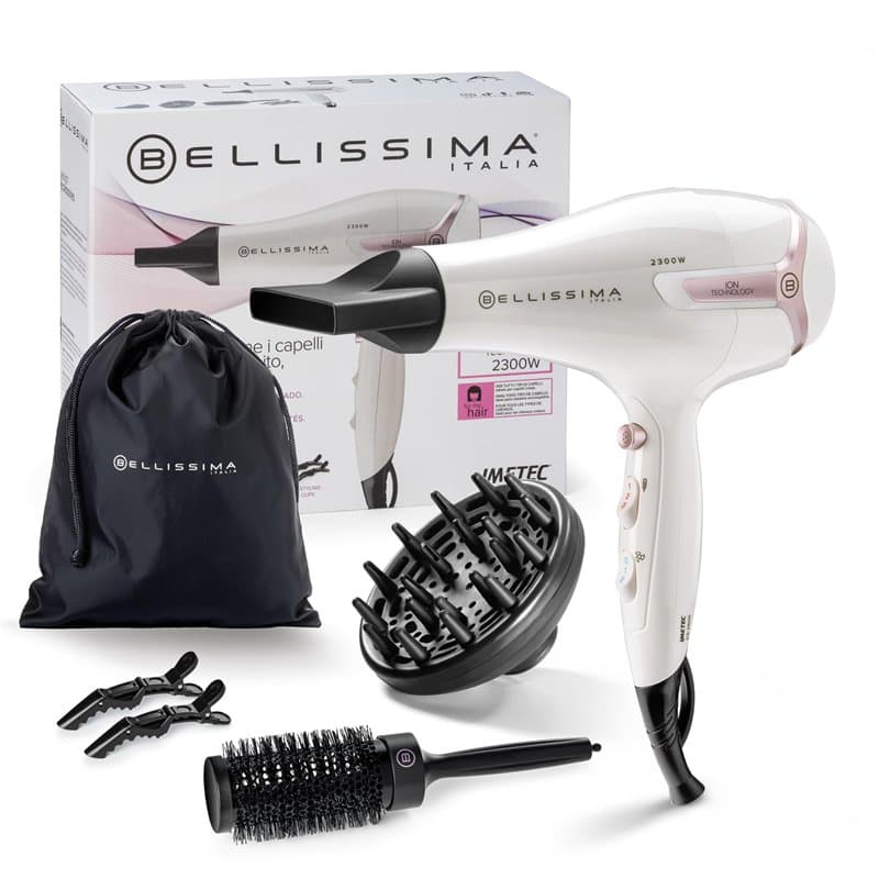 Bellissima Italia Sèche-Cheveux Professionnel 2300W, Kit Coiffure avec Diffuseur, Brosse Ronde, Sac de Transport, Blanc et Rose