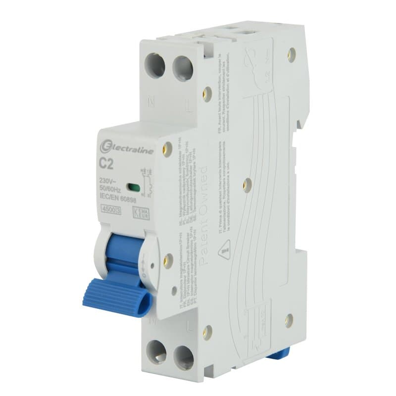Electraline 87000 Disjoncteur 2A, courbe C (protection optimale contre les surintensités et les courts-circuits), 1P+N, 4.5kA, 2