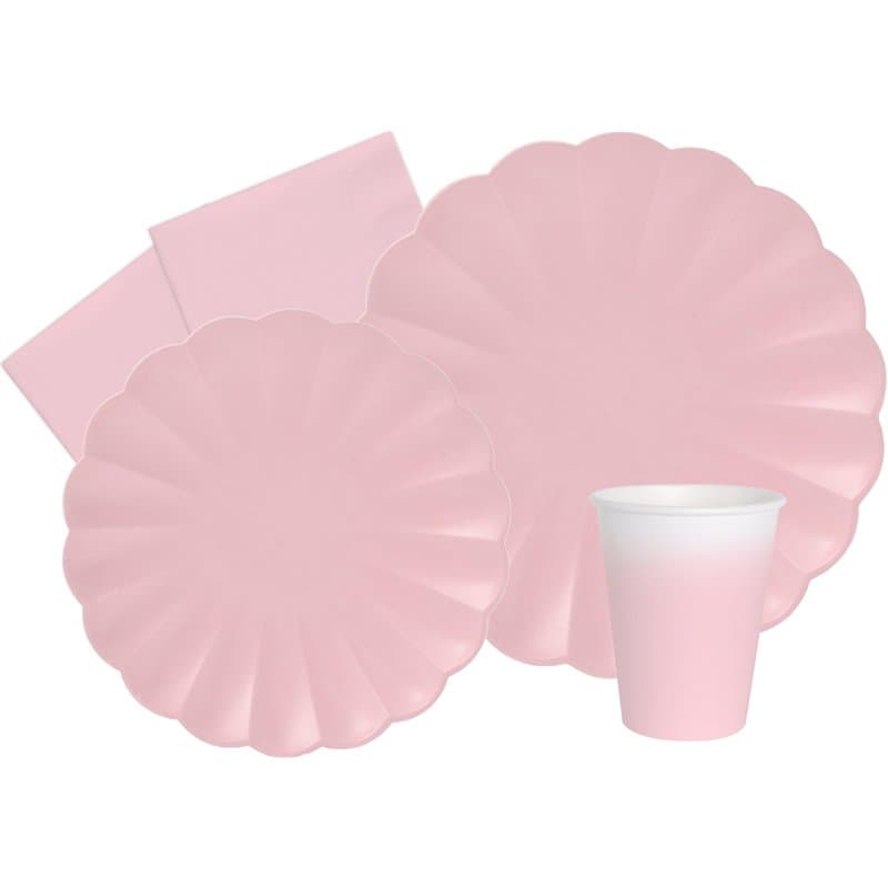 Ciao-Kit Table Fête Party Flower Shape 24 personnes (112 pcs: assiettes, gobelets, serviettes) en papier compostable, rose Vaiss