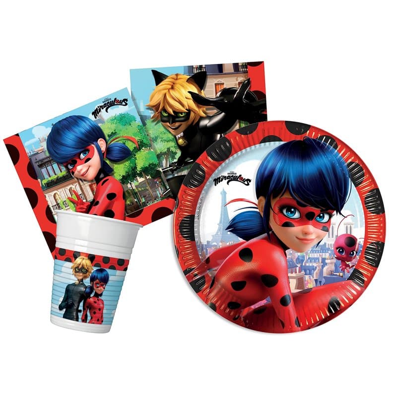 Kit Vaisselle de Fête Miraculous Ladybug pour 24 personnes (88 pcs: 24 assiettes Ø23cm, 24 gobelets 200ml, 40 serviettes 33x33cm