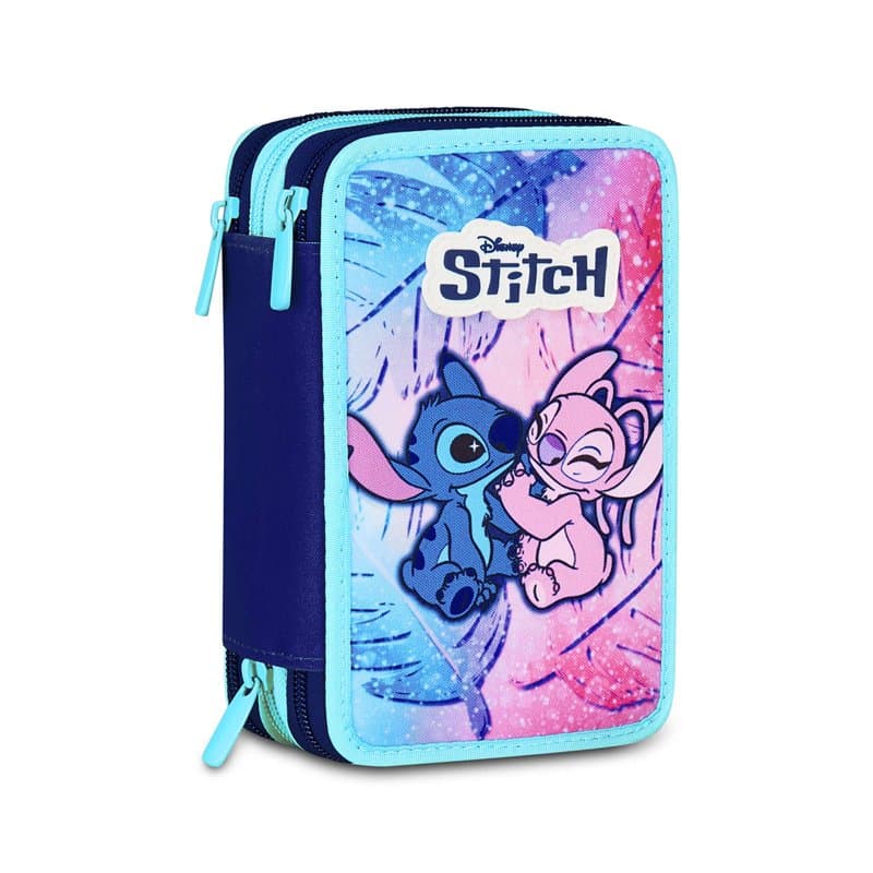 Seven Lilo & Stitch Trousse Scolaire 3 Zip, Bleu Ciel et Rose, Porte-Stylo Triple Compartiment Complet avec Stylets, Crayons, Co