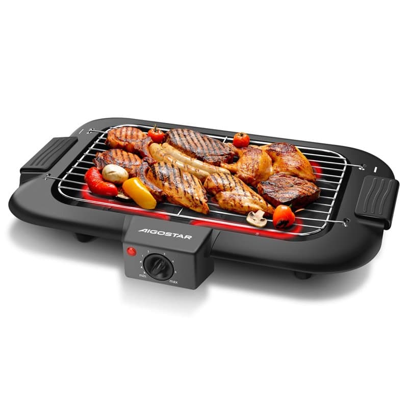 Aigostar Tasty - Gril sans Fumée, Barbecue Electrique d’intérieur. 2000W, Thermostat, Taille Compacte. Utilisation Avec de l'eau