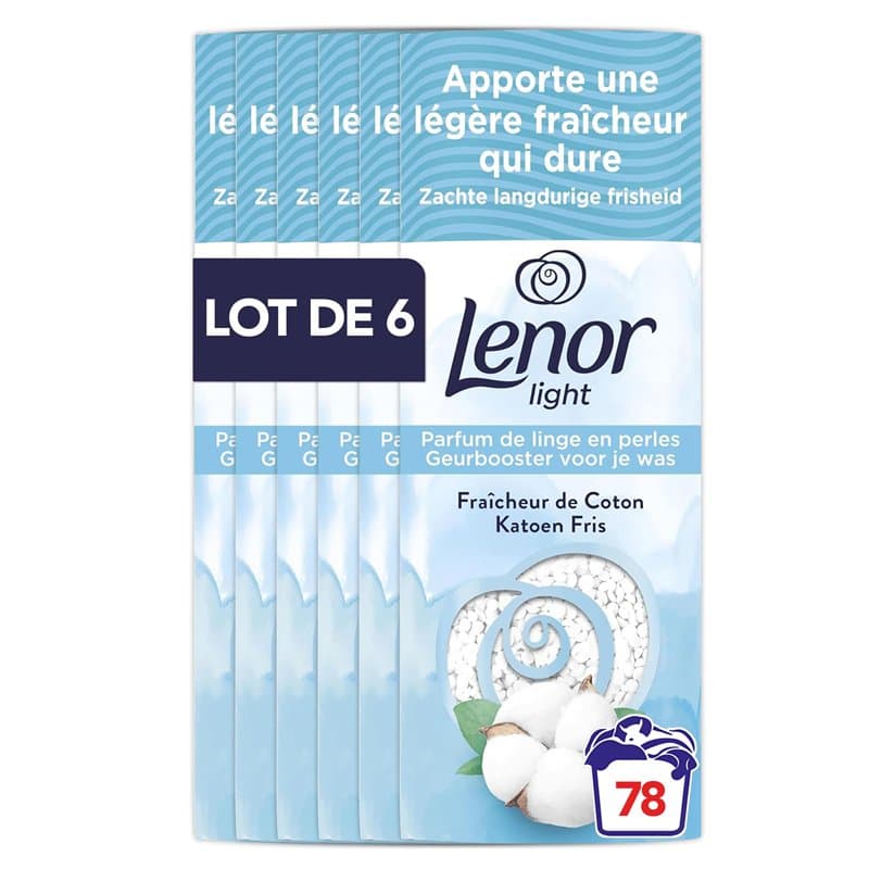 Parfum de linge Lenor Light, 78 lavages (6 x 155g), Fraîcheur de Coton, fraîcheur douce qui dure