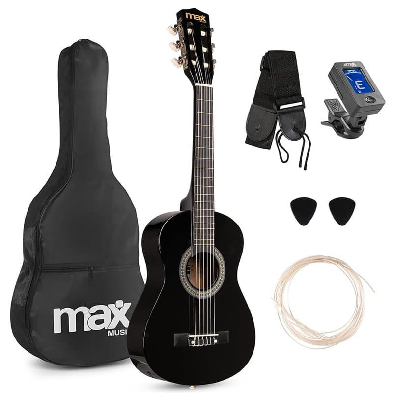Max SoloArt Pack Guitare Classique Junior 1/4 - Noire, Cordes en Nylon, 4 à 6 ans, Sac de Transport, Médiators, Sangle, un Cadea