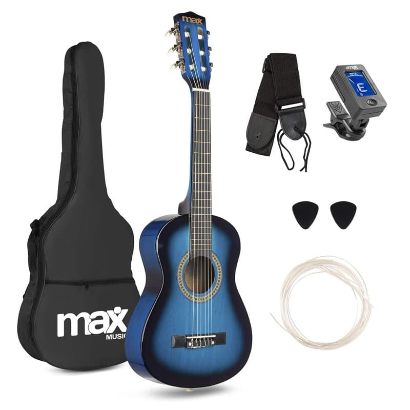 Max SoloArt Pack Guitare Classique Junior 1/4 - Bleue, Cordes en Nylon, 4 à 6 ans, Sac de Transport, Médiators, Sangle, un Cadea