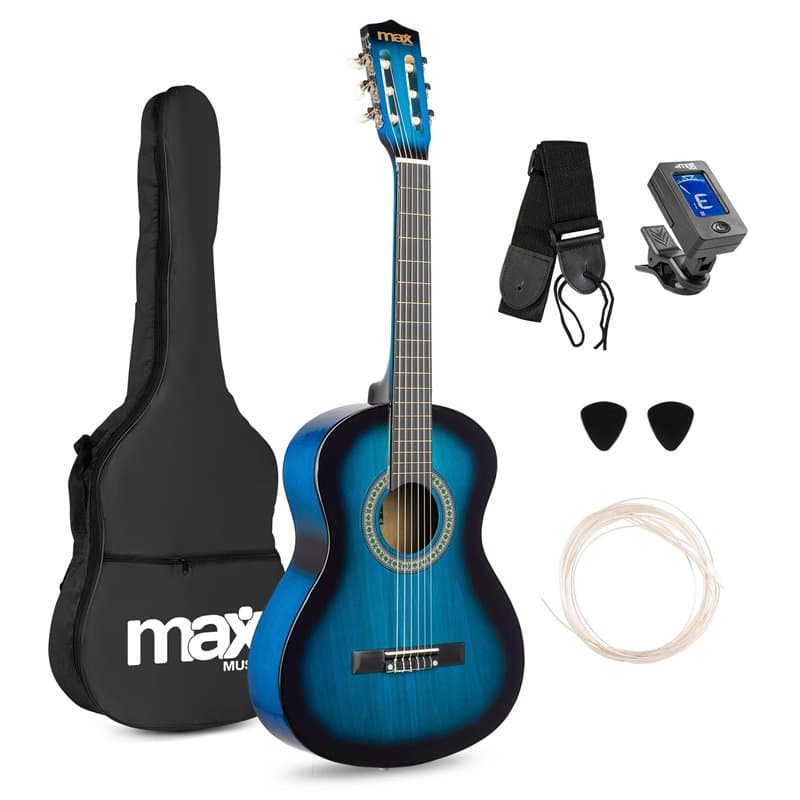 Max SoloArt Pack Guitare Classique Junior 3/4 - Bleue, Cordes en Nylon, 8 à 12 ans, Sac de Transport, Médiators, Sangle, un Cade