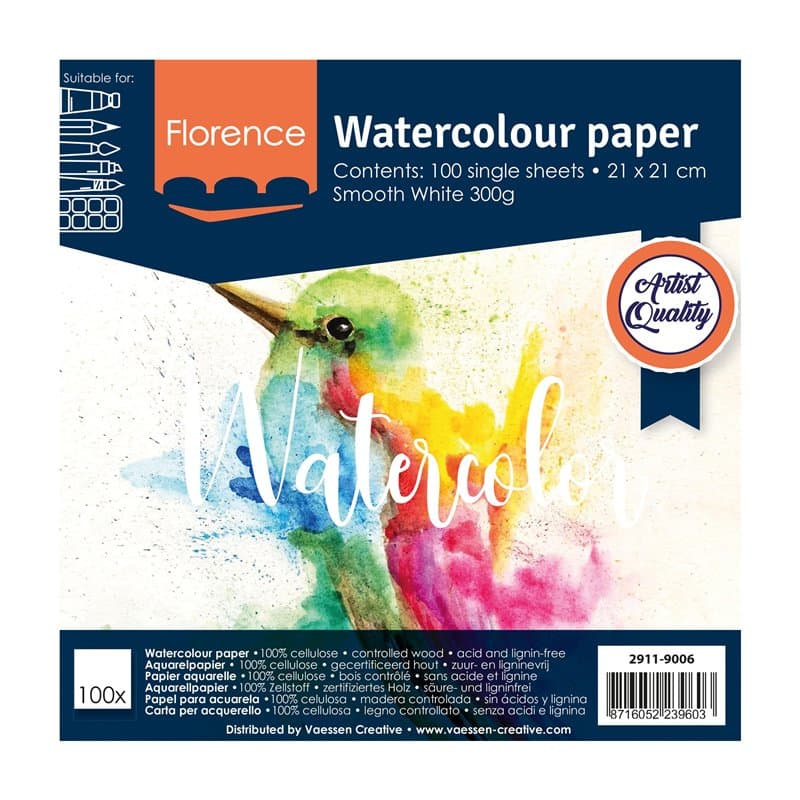 Florence Papier Aquarelle Lisse - 21 x 21 cm - Blanc - 100 feuilles - 300 g/m² - Sketchbook pour le Dessin, la Calligraphie et l