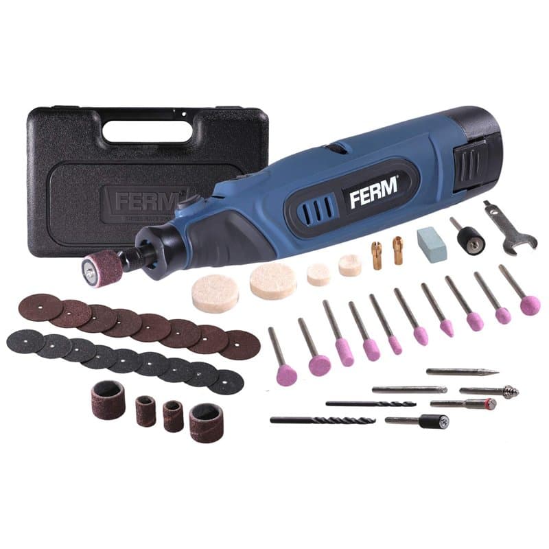 FERM Outil rotatil multifonction 12V sans fil - Batterie Li-ion, 43 accessoires et pinces de serrage inclus