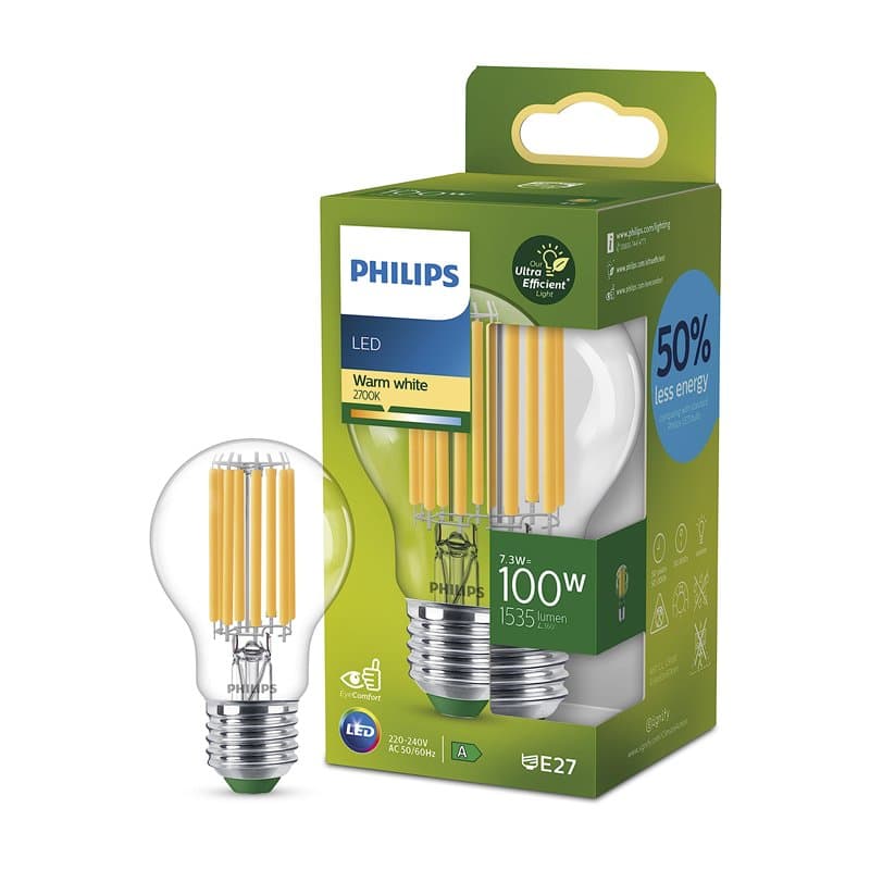 Philips, ampoule LED Ultra Efficient Classe A, 100W, culot E27, blanc chaud 2700K, transparente