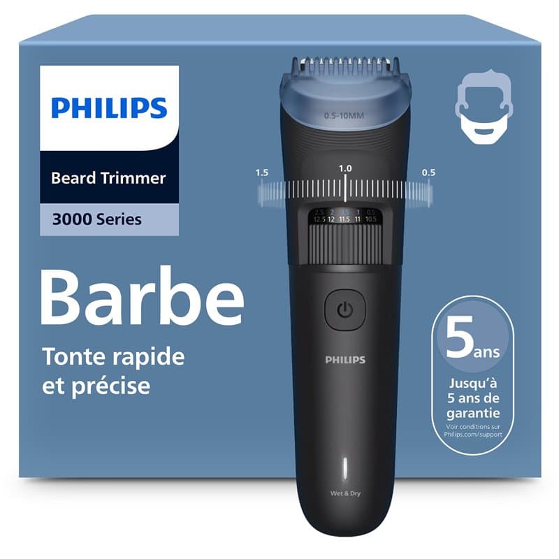 Philips Tondeuse à barbe série 3000 - Lames en métal auto-affûtées, 40 hauteurs de coupe réglables, Sabot Lift & Trim, 100% étan