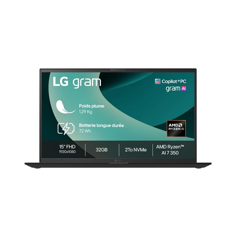 PC portable gram 15Z80T-G.AU8BF - 1,29kg, écran FHD format 16:9, Intel® Evo™ AMD Ryzen 7 AI350, RAM 32Go, SSD 2To NVMe, AMD Rade