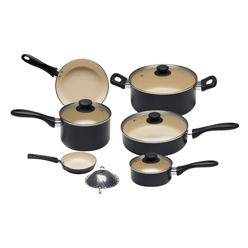 Amazon Basics 11 pièces ustensiles avec casseroles et poêles antiadhésives en céramique, sans PFOA, PTFE, noir et crème