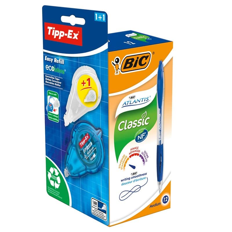 Promo Box 12 stylos bille Atlantis Classic noir + 1 correcteur Tipp-ex+recharge