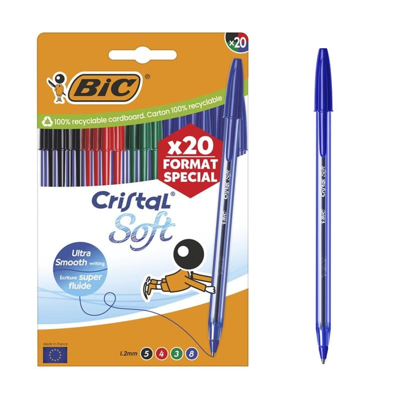 BIC Cristal Soft Stylos-bille Pointe Moyenne (1,2 mm) Édition Spéciale - Couleurs d’encre assorties, pack de 20
