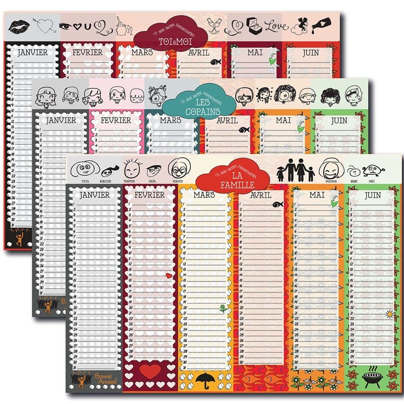 Pack de trois calendriers perpetuels anniversaires et dates importantes - Famille couple et copains - Français