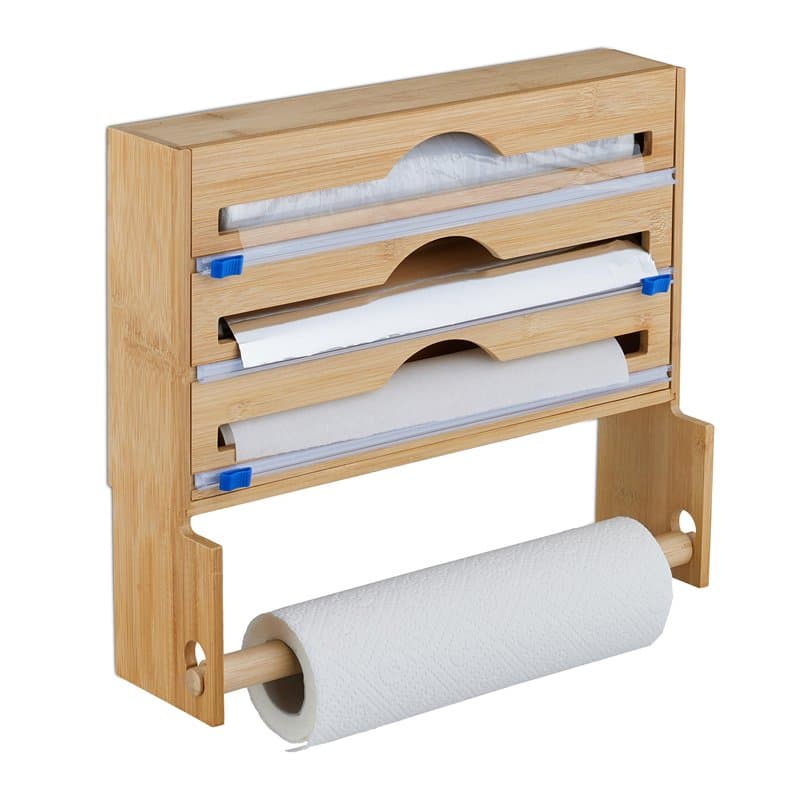 Relaxdays Distributeur Papier Aluminium et Film Alimentaire, Porte-Rouleaux Mural, Bambou, HxLxP 31 x 36 x 10 cm, Nature