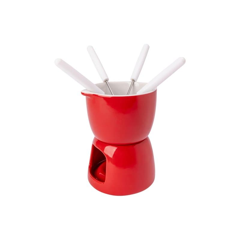 Cosy & Trendy Service à fondue chocolat en Porcelaine, rouge, D11.5 cm-Inclut 4 Fourchettes