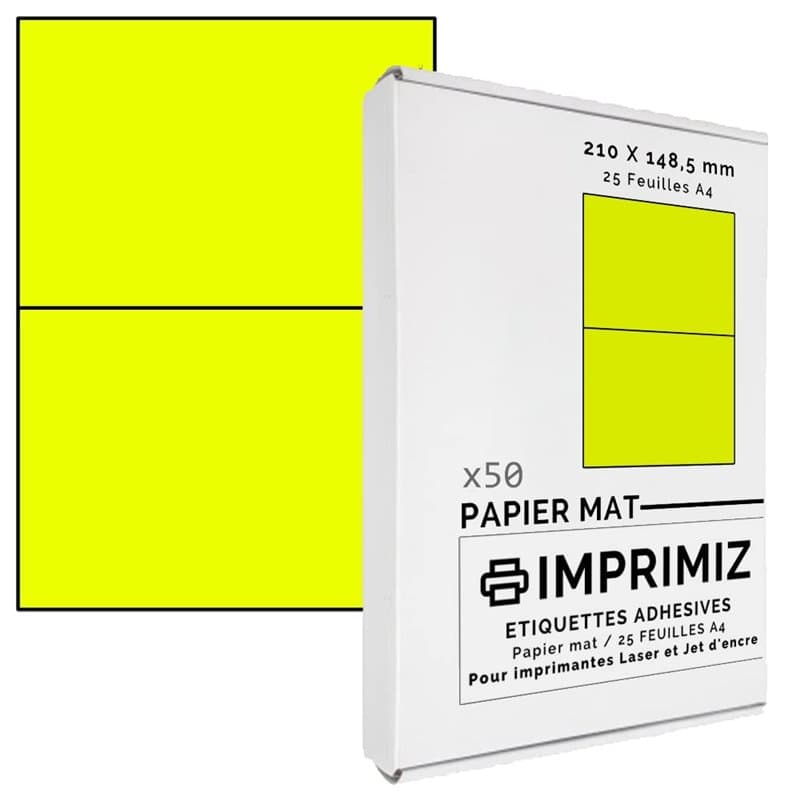 50 étiquettes autocollantes Jaune Fluo de 148,5 X 210 mm - 2 étiquettes/feuille - pour impression Laser et Jet d'encre - 25 plan