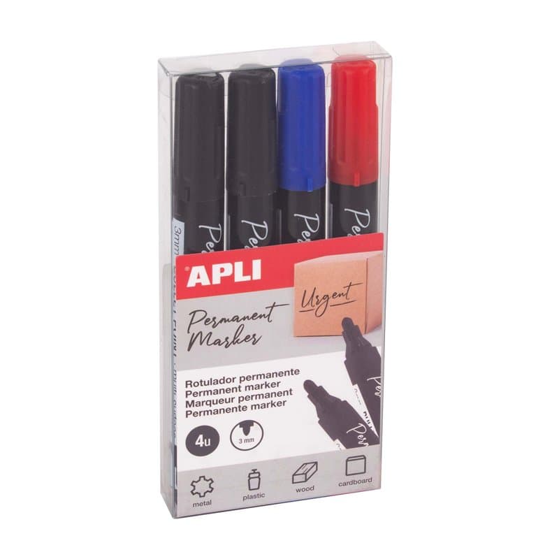 APLI 19685-4 marqueurs permanents à pointe ronde de 3 mm, 2 noirs, 1 bleu, 1 rouge - Multi-surfaces.