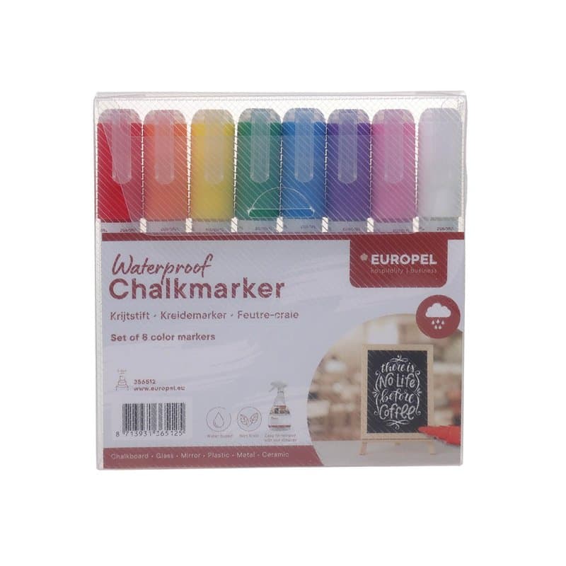 Europel Marqueur craie, résistant à l’eau, pointe de 6 mm,– Lot de 8 feutres multicouleurs pour message en intérieur et extérieu