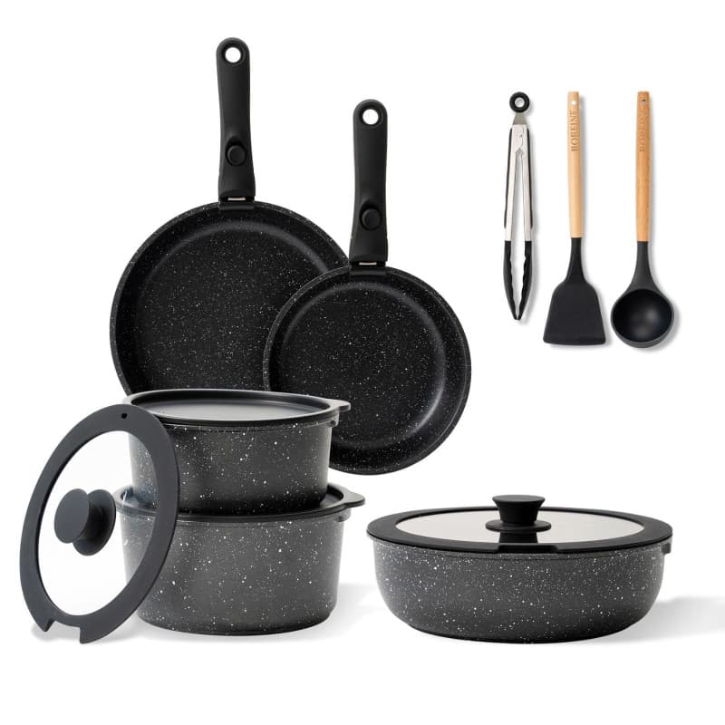 BOREINE Batterie de cuisine, Set induction casserole et poêle tout feux avec couvercle, Lot poêle avec poignée amovible, Revêtem
