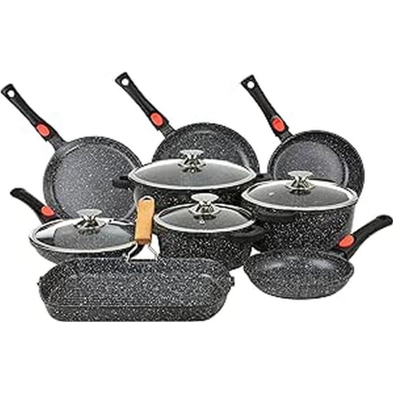 Kamberg - Set Lot Batterie de cuisine 24 pièces - Fonte d'aluminium - Revêtement pierre - Manche Amovible - Tous Feux dont Induc
